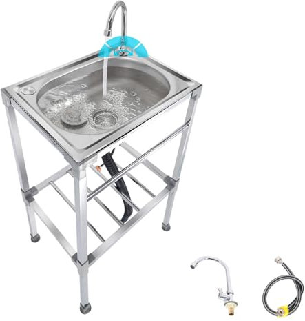 Lavandino con rubinetto Lavandino da esterno in acciaio inox con scarico Cestello Ripiano per asciugamani Lavandino da cucina Lavandino da casa Lavandino da bar multiuso per giardino patio all'aperto