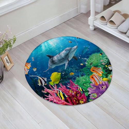 EMFSLA rutschfest Badezimmer Badeteppiche,Weich Hochflor Saugfähig Badvorleger Waschbar Flauschige Mikrofaser Badematte,Delphin-Korallen-Bunte Fische unter dem Meer,60x60 cm