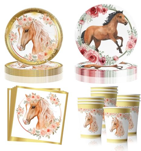 68 Pièce Assortiments Cheval Vaisselle de Fete, Vaisselle Anniversaire Cheval, Decoration Anniversaire Chevaux Assiette Tasse Serviette