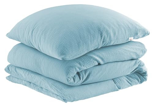 Pure Label Musselin Bettwäsche 135x200 cm mit einem Kissenbezug 4-0x80 cm aus 100% Baumwolle - Traumhaft weiche, kuschelige Bettwäsche-Sets in blau aus Musselin