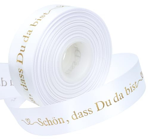 TOPWAYS Satinband Geschenkband, 36Meter 'Schön, dass Du da bist' Geschenkband Breit Schleifenband Hochzeit Satinband Bänder für Taufe Geburtstag Hochzeit Deko Geschenkverpackung (Weiß, 40mm)
