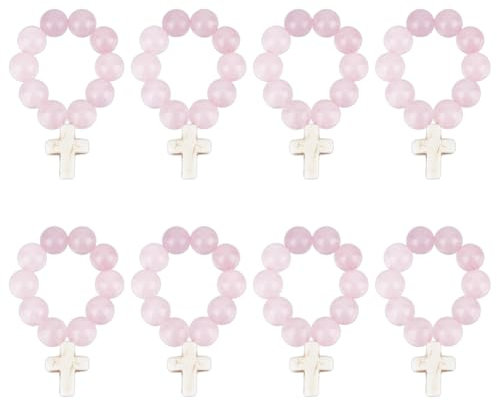 OLYCRAFT 8 pz Rosario di Quarzo Rosa con Ciondolo A Croce 10mm Rosario Cattolico in Pietra Naturale con Cordino Rosario Tondo Tinto per Donne Uomini Battesimo Prima Comunione Cresima