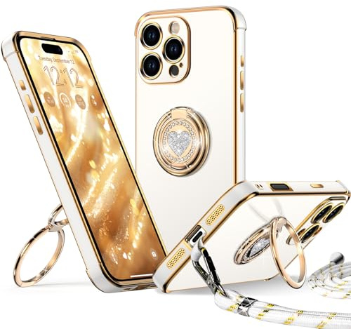 XYZ für iPhone 16 Pro Hülle mit Band, Herzen Doppelring Ständer HandyHülle Handykette Frauen Mädchen Dünn Stoßfeste Anti-Kratzt SchutzHülle für iPhone 16 Pro Case, Weiß