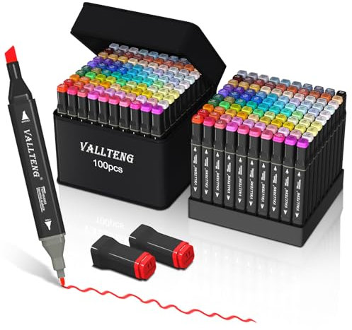 Vallteng Feutre a Alcool 100 Couleurs, Pointe Double Feutres à Alcool Marqueurs Pinceau et Ciseau Burin Pour Adultes Peinture, Griffonnages Enfants, Animation Art Esquisse