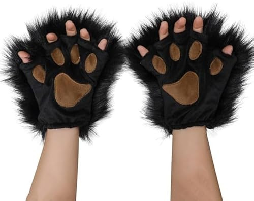HKSICHENGKEJIUK Women Cat Paw Gloves Mittens Plush Warm Winter Wolf Paw Handwear Cute Fluffy Cartoon Half-Finger Gloves Fancy Dress Party Novelty Furry Cat Lion Cosplay Prop