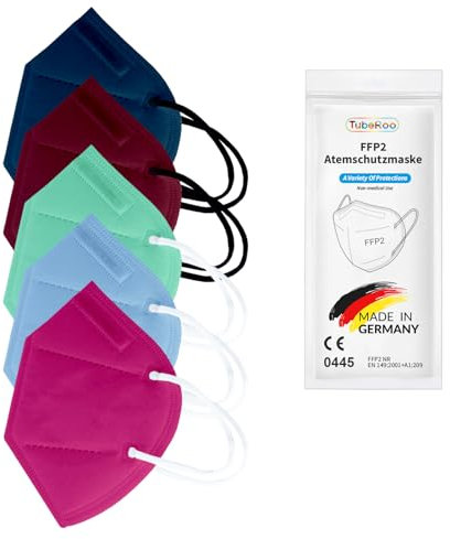TubeRoo FFP2 Maske Set Farbenfroh mit 5 Farben Dunkelblau Bordeaux Hellblau Pink Hellgrün 100 Stück Masken aus Deutschland, Made in Germany, weiche Ohrschlaufen Bänder, Atemschutzmaske, Mundschutz
