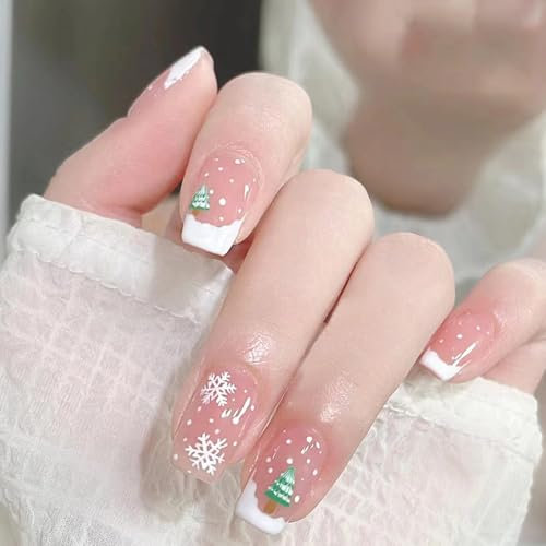 24Pcs Christmas Press on Nails Short Square Nude Pink French False Nails with Snowflake Christmas Tree Design Acrylic Nails Kit Winter Xmas Glue on Nails Reusable Stick on Nails for Women and Girls