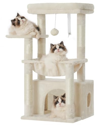 Heybly Kratzbaum, Katzenbaum mit Extra Großem, Weichem Katzenkorb, Katzenkratzbaum mit Geräumigem Katzenbett und Verstecktem Schlafplatz, Robusten Sisal-Kratzsäulen, Beige HCT008SM