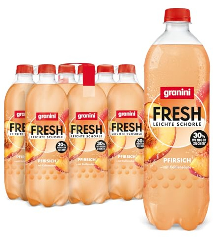 granini FRESH Pfirsich (6 x 0,75l), Pfirsich-Erfrischungsgetränk, mit Kohlensäure, echte Früchte, wenig Kalorien, ohne Süßungsmittel, vegan