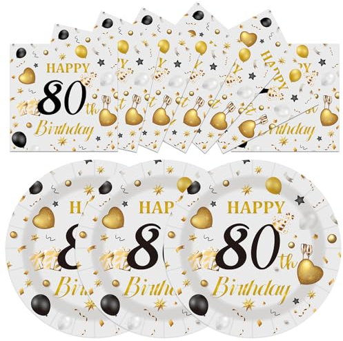 HFBOBP 50PCS 80th Birthday Plates and Napkins, 7 Inch Premium Grey and Gold Happy Birthday Paper Dessert Cake Plates and Napkins with Forks Disposable Tableware Set Party Decorations for Women Men