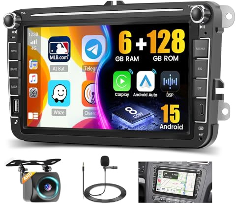 8 Core 6G+128G DSP Hikity Android 15 Autoradio für VW Golf 5 6 Passat Tiguan Polo Caddy Seat, 8 Touchscreen Autoradio mit Wireless CarPlay Android Auto GPS WiFi RDS/FM BT 59UI SWC MIC CAM
