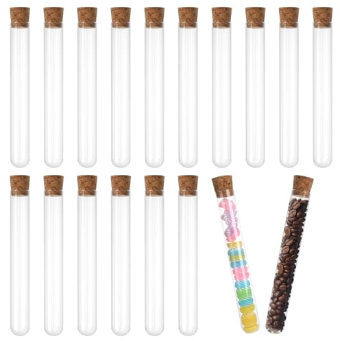 16 Stück Reagenzgläser Glas, 20x150mm Reagenzglas mit Korken, Transparent Reagenzglas, Rundboden Test Tube für Blumen, DIY Craft Spices, Süßigkeiten, Badesalz, Liquids, Labortisch