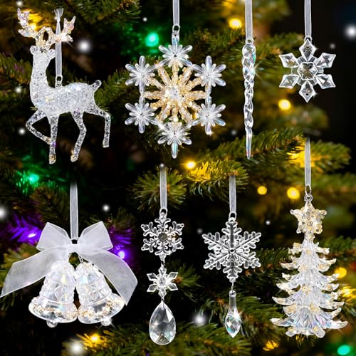 Kuvarix 8 Stück Weihnachtsbaum Deko Transparenter, 3D Acryl Weihnachtsbaumschmuck, Christbaumschmuck Schneeflocken für Weihnachtsbaum, Fenster, Schlafzimmer, Winterdekoration