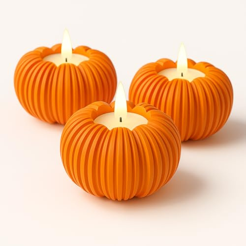 Alupedia 3-teiliges Kürbis Teelichthalter Set – stilvolle Deko für Herbst & Halloween – inklusive LED Teelichter – Moderne gerillte Kürbisform, ideal für Tisch, Fensterbank & Wohnzimmer (Orange)
