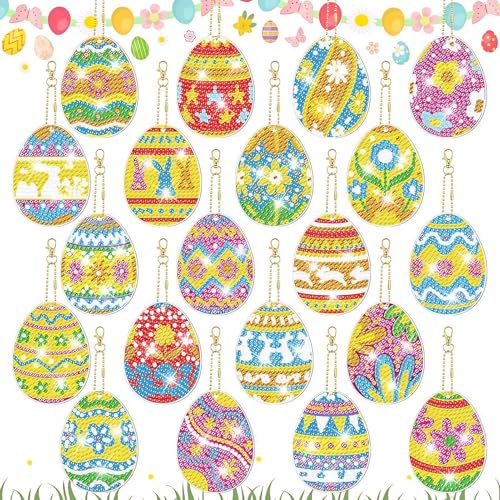 20 Stück Diamond Painting Ostern Eier Basteln Set, DIY Doppelseitige Diamant Painting Osterei Anhänger, Diamond Painting Osterdeko Schlüsselanhänger Ostern Geschenke, Diamant Malerei Frühling Deko(A)