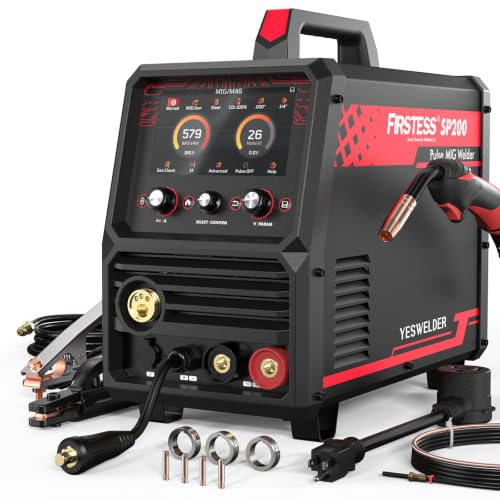 YESWELDER Firstess SP200 MIG Saldatore, schermo LCD da 7 pollici 6-in-1 MIG/MIG pulsato/Flux Core/Lift TIG/Stick/Spool Gun Compatible, 110V/220V Dual Voltage 200Amp Saldatrice Multifunzionale