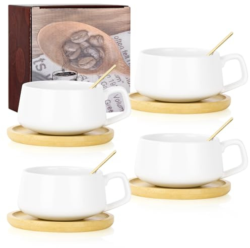 AOOTE Lot de 4 Tasses à Cappuccino avec soucoupe,320ml Ensemble Tasses à Expresso en Grès,set de tasses et soucoupes,tasses à café avec disque en bois pour café, cappuccino,thé(Blanc)