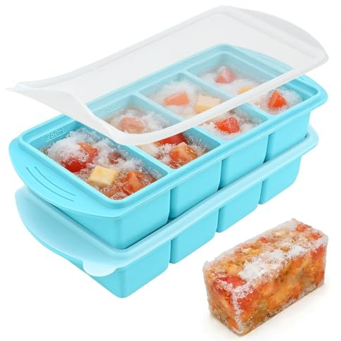 QEEYON Large Soup Freezer Containers, 2 Packs Ice Cube Tray Silicone Freezer Mould with Lid, 4-Compartment Meal Prep Soup Storage Containers for Storing Broth, Sauce