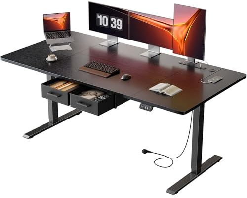 Precision Synergie 160x80cm Electric Standing Desk, 2 Drawers, Power Outlet | Height Adjustable Sit Stand Desk, 72-117 cm, 2 Memory Smart Pannel, Equipped with 3 USB Ports, Ideal for Home Office, Black
