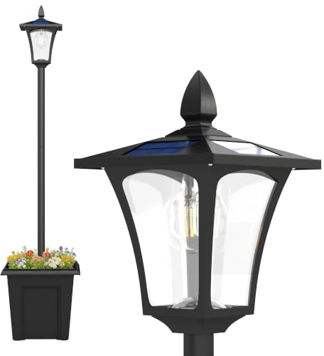 Outsunny Lampadaire solaire extérieur avec jardinière étanche 160 cm noir | Lampadaire Extérieur sur Pied, pour Jardin Cour ou Allée