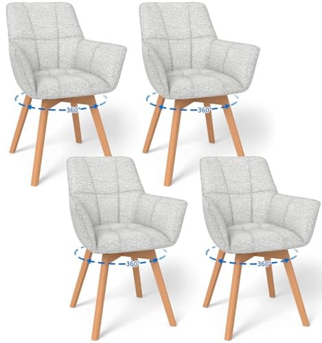 WAFTING 4er Set 360° Drehbare Esszimmerstühle mit Armlehnen und Holzbeinen | Drehbar Stühle, Moderner Küchenstuhl aus Samtstoff, Polsterstuhl für Esszimmer, Wohnzimmer, Küche, Schlafzimmer, Hellgrau