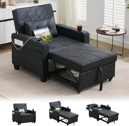 GRAVFORCE Sofa Bed Convertible 3 in 1 Sleeper Chair Bed Single Black | Adjustable backrest pull-out sofa for small space living room. Converts chair to bed, perfect for studio apartment office.