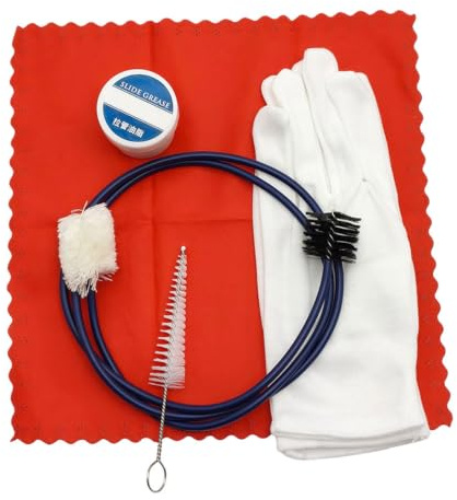 Reinigungsset für Posaune und Waldhorn mit Mundstückbürste, Bohrbürste, Gleitfett und Poliertuch für Blechblasinstrumente, Reinigungsset für Posaune und Waldhorn
