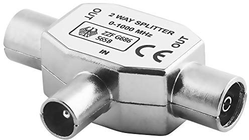 BestPlug TV Radio T Antennen-Adapter Verteiler Splitter Weiche, 1 Koax Stecker männlich auf 2 Koax Buchse Kupplung weiblich, geeignet für 3D SD HD FullHD UHD 4K, Metallausführung