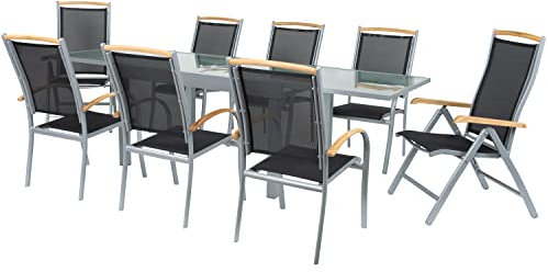 ib style - Diplomat-Plus Gartengarnitur | 4 Kombinationen - 2 Farben | Alu SILBERMATT + TEAKHOLZ + Textilen SCHWARZ | Ausziehtisch 135-270 cm | 2 Farben und 4 Kombinationen | 8 Klappstuhl + 1 Tisch