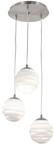 Fabas Luce Hängeleuchte 3-flammig Esstischleuchte Pendelleuchte Wohnzimmer Glas, höhenverstellbar, wellenförmig geblasen Metall Nickel satiniert, 3x E14, DxH 33 x 200 cm, 3290-47-178