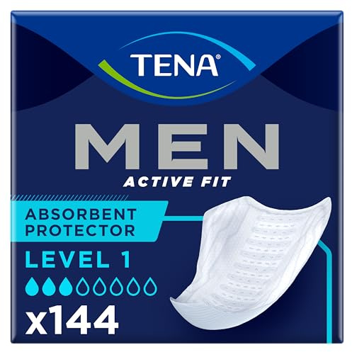 TENA Men Active Fit Absorbent Protector, Level 1, 6 Packs of 24 (144 Count) | Ultra Thin Incontinence Pads for Men with Light Bladder Weakness, Discreet Triple Protection Against Leaks, Odour & Moisture