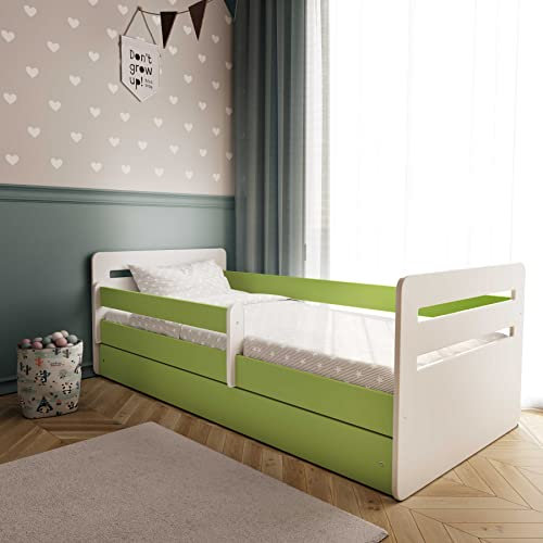 Bjird Kinderbett Jugendbett 80x160 Grün mit Rausfallschutz Schubalde und Lattenrost Kinderbetten für Mädchen und Junge - Tomi 160 cm