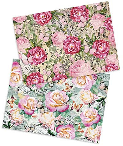 Ideen mit Herz 2 Bogen Reispapier | Edel-Decoupage-Papier | DIN A4 | 2 Verschiedene Designs | Vintage, Weihnachten und andere (Rosen & Schmetterlinge)