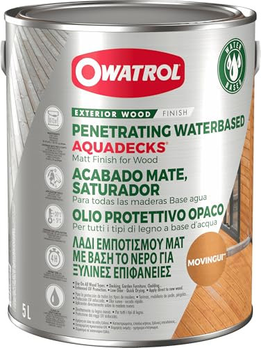 AQUADECKS OWATROL - Saturateur Mat - Saturateur Bois Extérieur - Sublime les Bois Exotiques & Résineux - Châlets, Terrasses, Bardages, Pont de Bateaux - Finition Mat Naturelle - Teinte Movingui - 5L