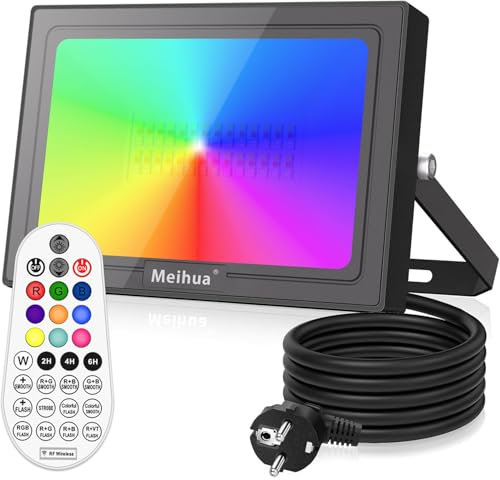 MEIHUA 35W RGB LED Strahler mit Fernbedienung, IP66 Wasserdicht RGB Fluter Farbwechsel 10 Farben 12 Modi Außenstrahler Flutlicht mit Timer Memory Funktion für Disco Party Garten Feiertagsdekoration