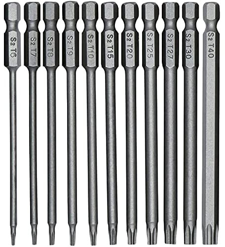 TUAKIMCE 11 Stück Torx Schraubendreher Bit Set 100mm Lang 1/4 Magnetisch Sternenkopf Schraubenziehe Set T6-T40 Lang Sechskant Schaft Elektrische Torx Bits Satz Werkzeuge