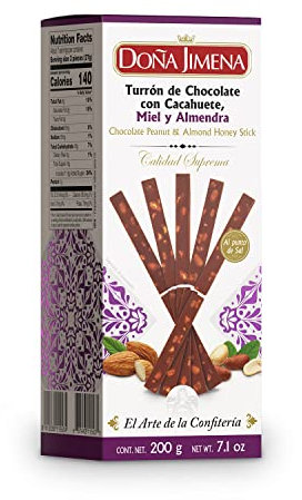 DOÑA JIMENA - Sticks Turrón de Chocolate con Cacahuete, Miel y Almendra (Al Punto de Sal), Sin Gluten, Elaborados de Forma Tradicional, Típico Dulce Navideño, Turrón de Calidad Suprema, 200 Gramos