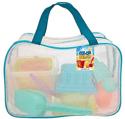 COLORBABY 49272, Juguetes de Playa para niños, Juguetes Arena, Bolsa Juguetes Playa, Cubo Arena, Ø18 cm, cedazo, Pala, rastrillo, regadera, moldes Arena, COLORBABY, 18mese