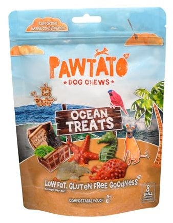 Pawtato Vegan Dog Chews Ocean Treats. Natural rawhide alternative vegan dog treats. Low fat, plant based, hypoallergenic, sweet potato, grain-free chews Small 140g