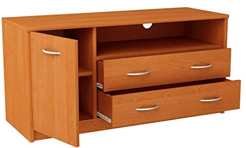 MATKAM Fernsehkommode 1D2S, H55xB110xT41cm, laminierte Möbelplatte 16 mm, EIN offenes Regalfach rechts, darunter 2 Schubladen, Links eine Ablage mit Tür, Metallscharniere, satinierte Griffe (Erle)