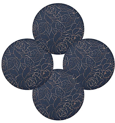 Copper-Gold Shiny Outline Rose Peony Flowers Leaves on Dark Navy Blue Set of 6 Table Placemat, Non-Slip Place Mats Protector Washable Plate Mat Holder, 15.4 Inches Round Desk Pad for Kitchen Dining