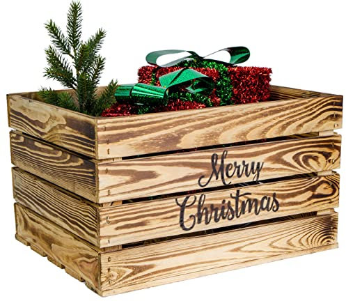 Adventskiste/Weihnachtskiste mit Schriftzug Obstkiste Weinkiste Dekokiste Geschenkekiste Weihnachtsdeko Adventskalender 50 x 40 x 29cm (geflammt mit Merry Christmas schwarz)