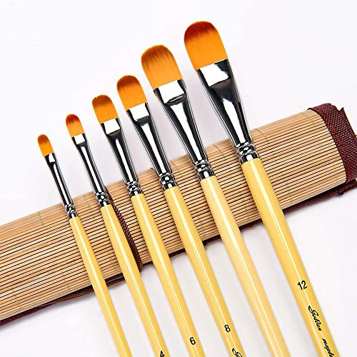 CENPEK Lot de 6 pinceaux Filbert en poils de belette à long manche pour peinture acrylique, huile, gouche et aquarelle