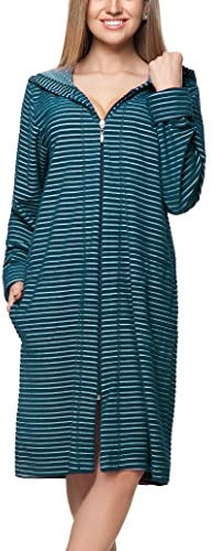 Aquarti Damen Bademantel Morgenmantel mit Reißverschluss Streifen Kurz Baumwolle, Farbe: Streifenmuster Smaragdgrün, Größe: XL