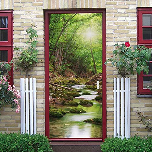 ZHIDAOLA JFEDMN Stickers Porte Poster 3d - 90x210cm Paysage de rivière forêt verte Papier Peint Trompe l'oeil pour Salon Chambre Décoration La Maison Muraux Auto-adhésif Amovibles