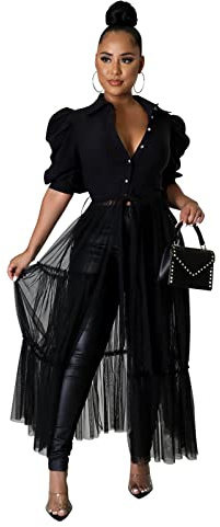 Ekaliy Women's Short Sleeve Round Neck High Low Asymmetrical Irregular Hem Casual Tops Blouse Shirt Dress L Black