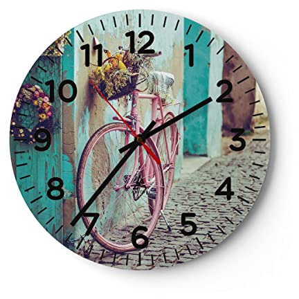 Modern Wanduhr Rosa Fahrrad Vintage 30x30cm Rund Klein Wand Uhr Glas Analog Zimmeruhren Küche Büro Wohnzimmer Glasuhr Wall Clock Dekoration Design Wanddekoration Küchenuhr C4AR30x30-4471