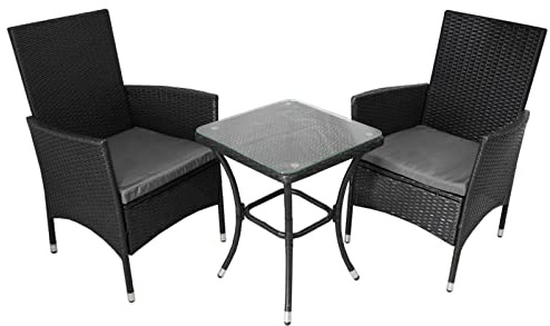 Bistro-Set aus schwarzem Rattan, Gartenmöbel, 3-teilig, für Terrasse, Gartenstuhl, Tisch, Glasplatte, Wintergarten, Balkon, 2-Sitzer, graue Kissen, waschbare Bezüge, UV-Schutz, inklusive Regenschutz