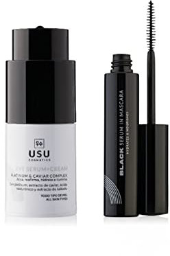 Korean Skincare Augenroutine Set - Augenkontur-Serum + Black Serum als Mascara - Reduziert Fältchen und Ausdruckslinien - Volumen und Länge für Wimpern - USU Cosmetics