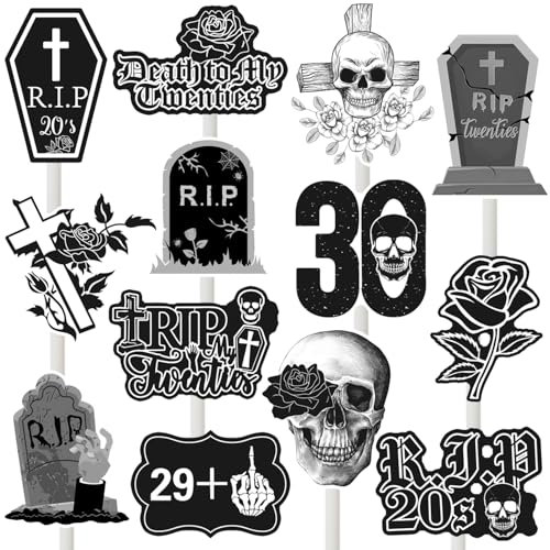 36Pcs Rip My Twenties Cupcake Toppers Happy 30th Birthday Party Decorations Black Death to My 20s Cake Picks for 30th Theme Birthday Party Supplies